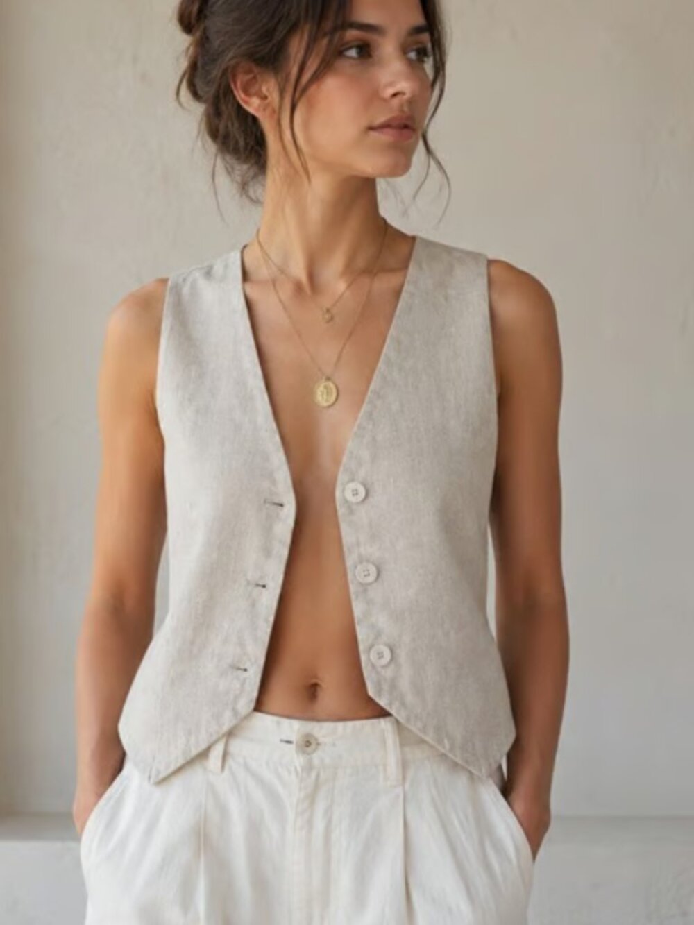 DISSH Neutral Linen Vest in Light Beige